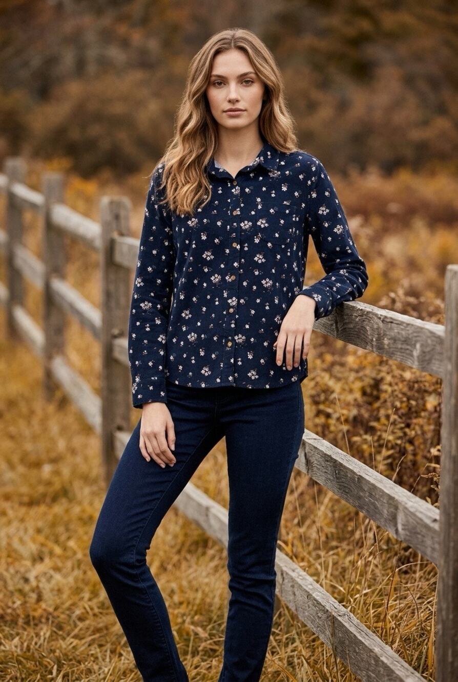 JACHS Girlfriend Dark Floral Corduroy Cotton Shirt Women Large Dark Boho Cottage